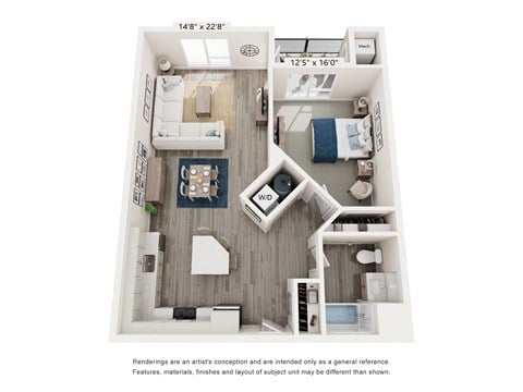Floor plan for 1 bed, 1 bath, 835 sqft